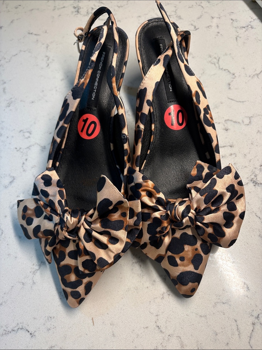 French Connection Leopard-Print Bow Pointed Slingback Heels in Tan and Black